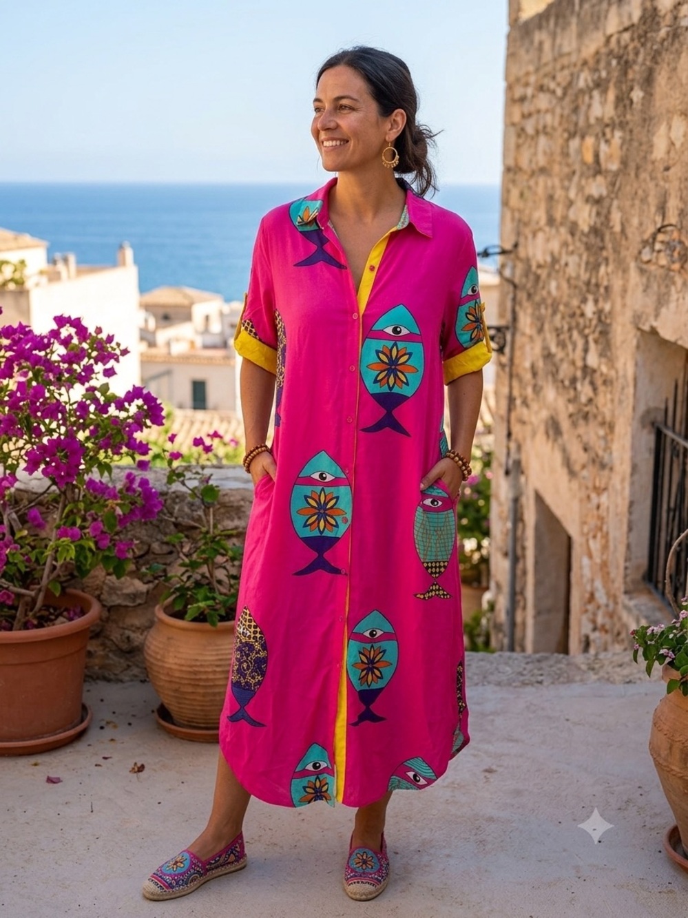 Moda Bright Pink Fish-Print Button-Down Maxi Dress with Turquoise Accents